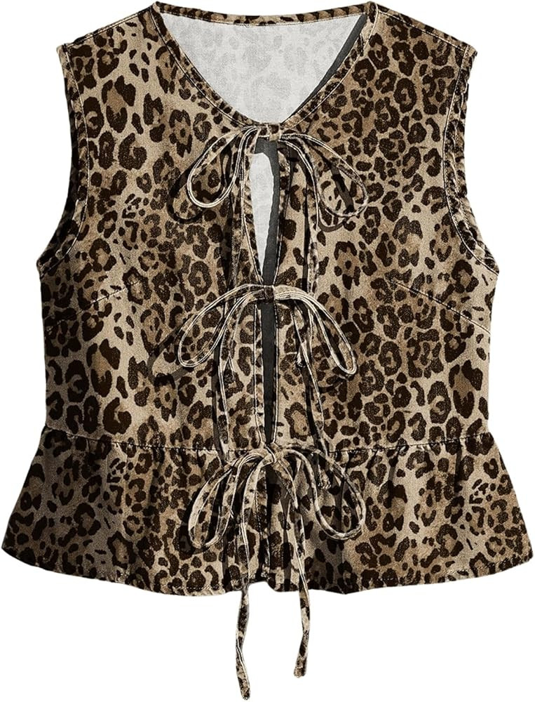 SHENHE Women's Y2k Tie Front Denim Vest V Neck Ruffle Hem Sleeveless Peplum Jean Top Shirt | Amazon (US)