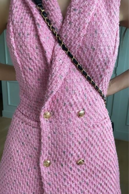 Love this pink tweed blazer dress! Wearing size small!