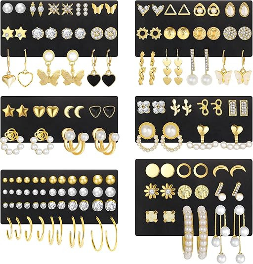 68 Pairs Gold Stud Earrings for Women Multipack, Hypoallergenic Assorted Earring Set Multiple Pie... | Amazon (US)