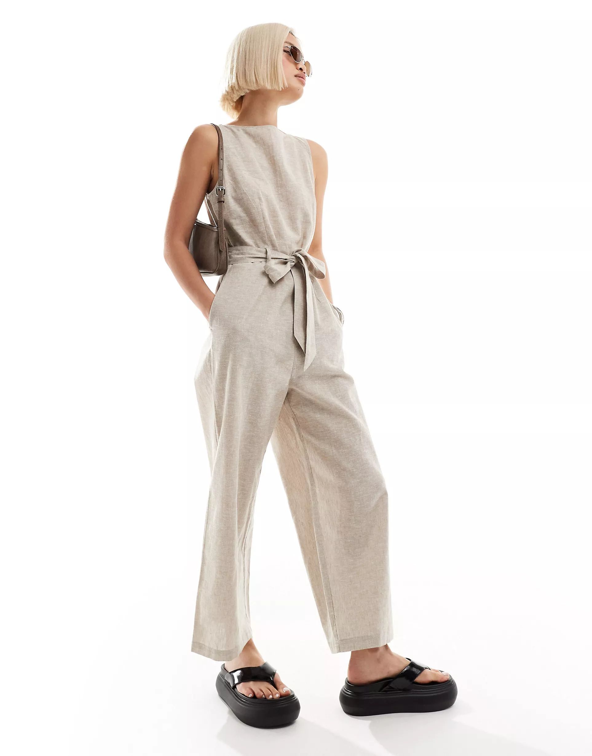 Monki linen mix sleeveless jumpsuit with tie belt detail in beige | ASOS (Global)
