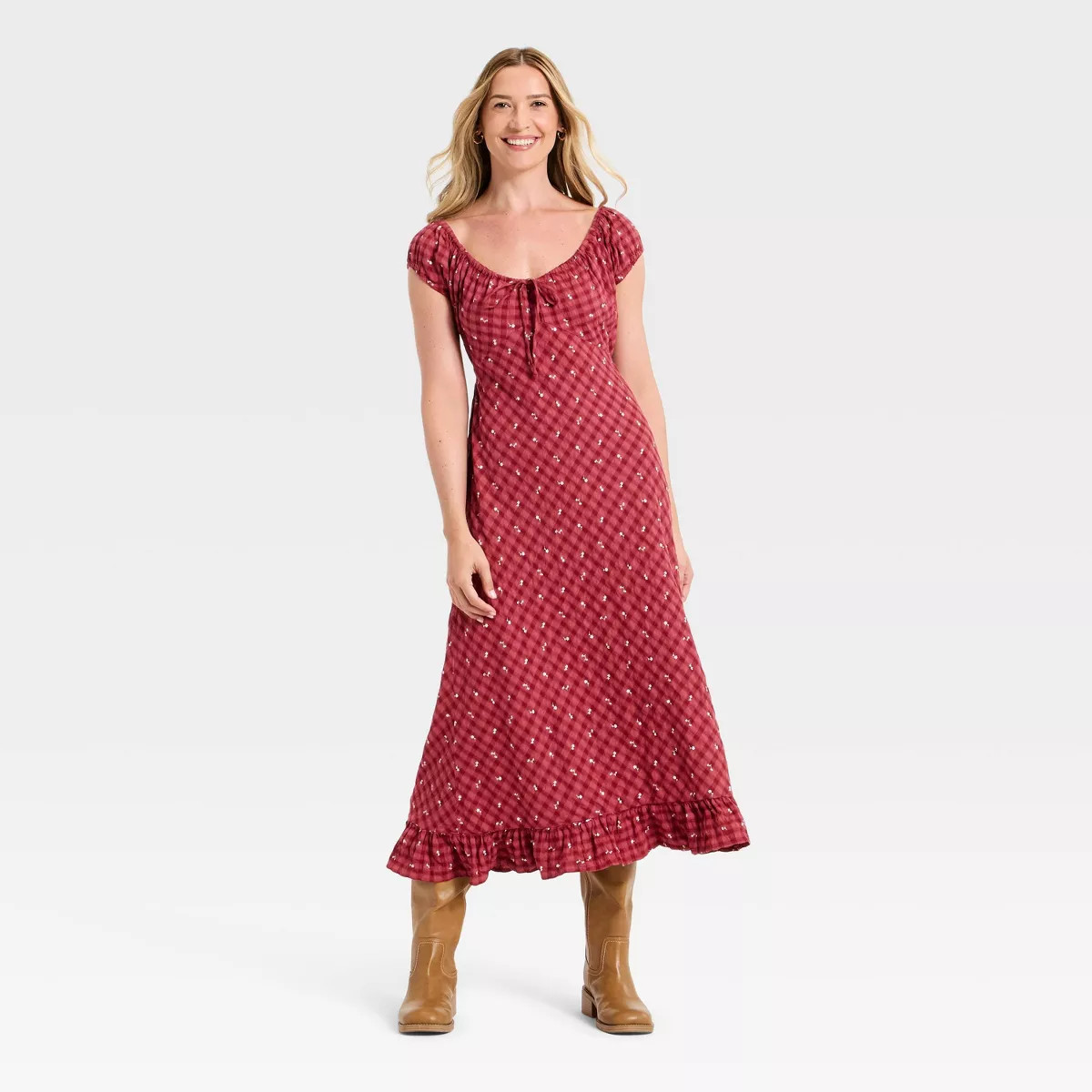 Women's Puff Short Sleeve Ankle Sundress - Universal Thread™ Red Floral M | Target