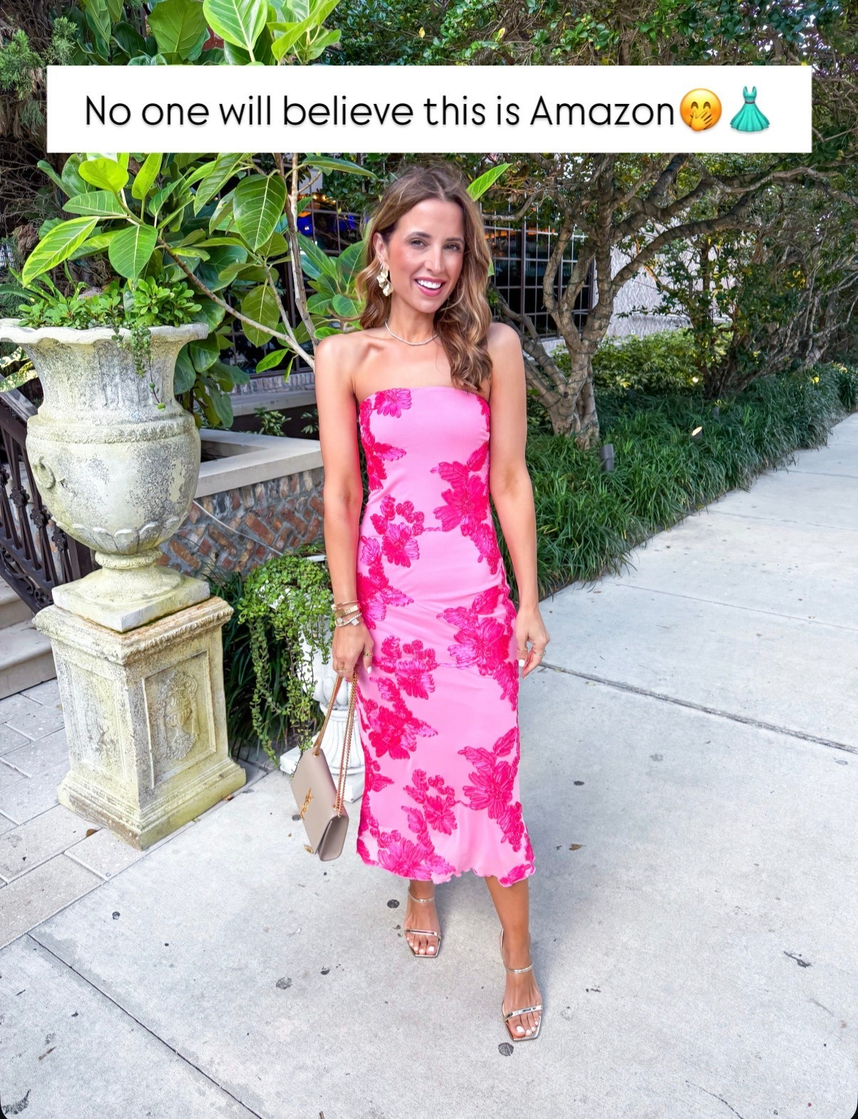 My Palm Beach dinner outfit in XS. Wedding guest dress. Spring wedding guest. Summer wedding guest. Cocktail dress. Vacation outfit. Vacation dress. Party dress. Gold heels are TTS. YSL Kate purse. 

#LTKootd #LTKWedding #LTKTravel