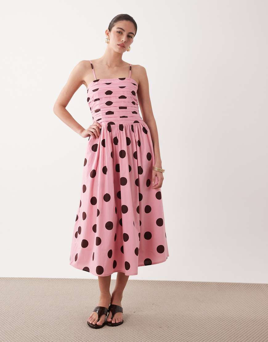 Nobody's Child Felicity cotton cami pleated bust midi dress in pink and brown polka dot | ASOS (Global)