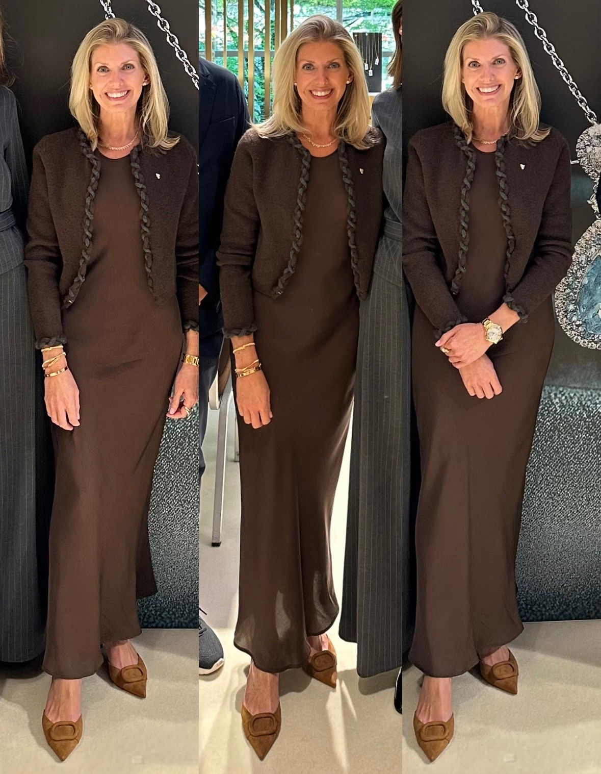 Monochromatic brown 🤎 this dress is so versatile - can dress it up or down and wear it from spring to fall!
Silk Satin midi slip dress Sz Small
Sweater cardigan size small
Slingbacks TTS

Gold jewelry
Diamond earrings
Work outfit
Dinner


#LTKPetite #LTKOver40 #LTKWorkwear