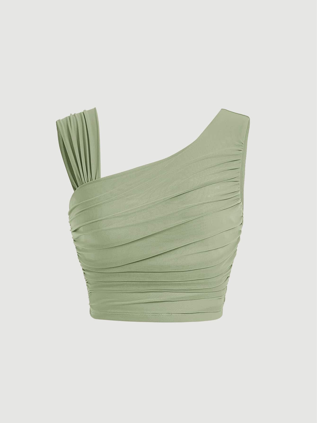 SHEIN MOD Solid Ruched Asymmetrical Neck Crop Top | SHEIN
