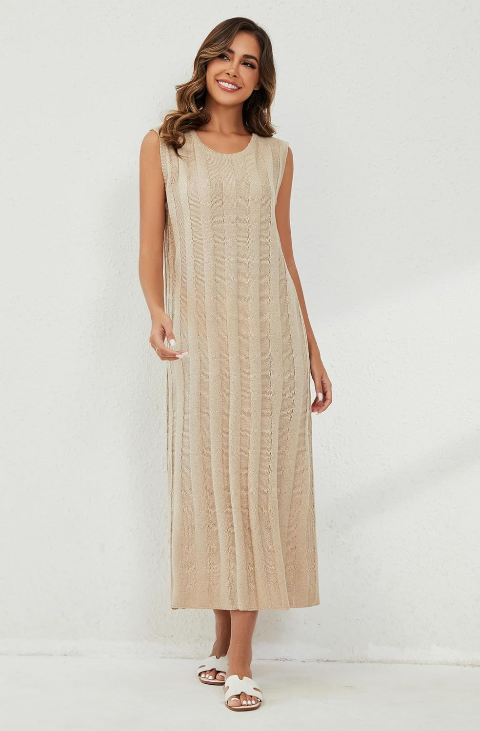 SAFRISIOR Women Sleeveless Sweater Midi Dress Scoop Neck Loose Fit Knitted Dress Solid Casual Tan... | Amazon (US)