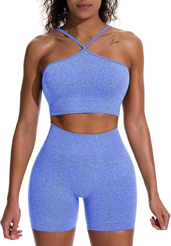 HYZ Women's Workout 2 Piece Outfits High Waist Running Shorts Seamless Gym Yoga Crop Top Bra Sets | Amazon (US)