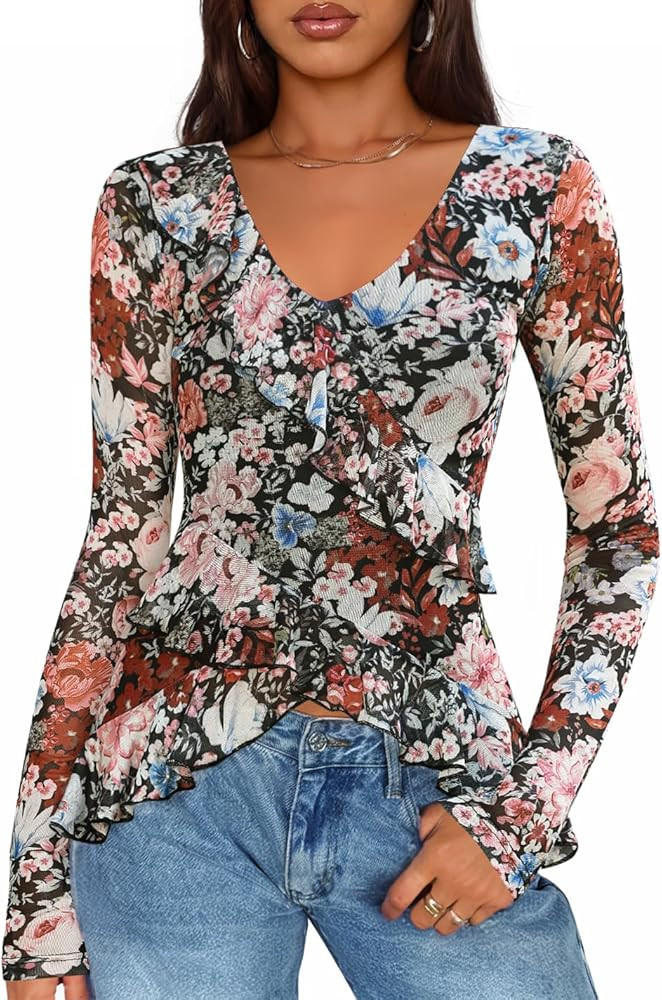 ZESICA Women's Long Sleeve Floral Shirts V Neck Going Out Ruffle Tops Blouses 2026 Fall Fashion C... | Amazon (US)