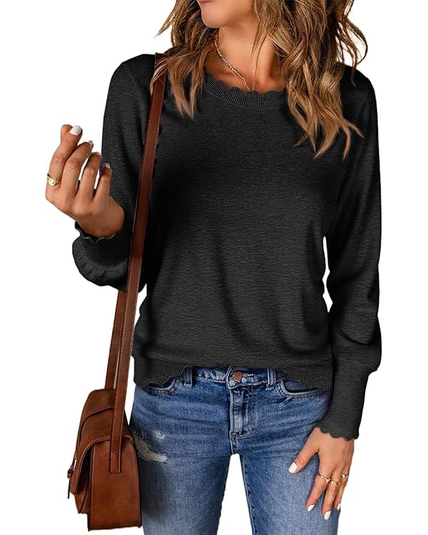 Cicy Bell Womens Crew Neck Long Sleeve Sweater Trendy Casual Scallop Trim Fall Knit Lightweight P... | Amazon (US)