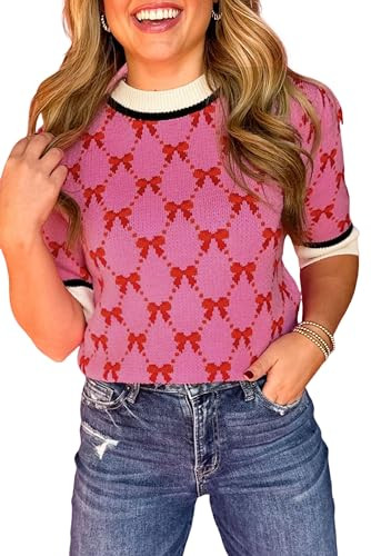 Ecosunny Women's Casual Round Neck Short Sleeve Shirts Bow Print Sweater Loose Tunic Blouses Tops | Amazon (US)