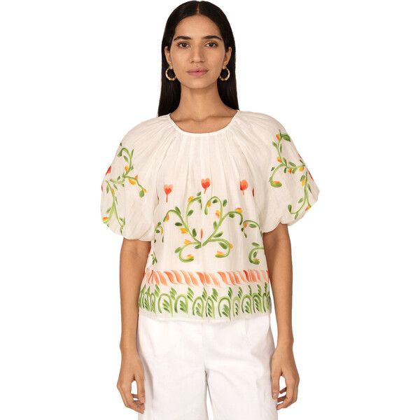 Women's Oana Floral Folk Art Motif Puff Sleeve Top, Multicolors | Maisonette