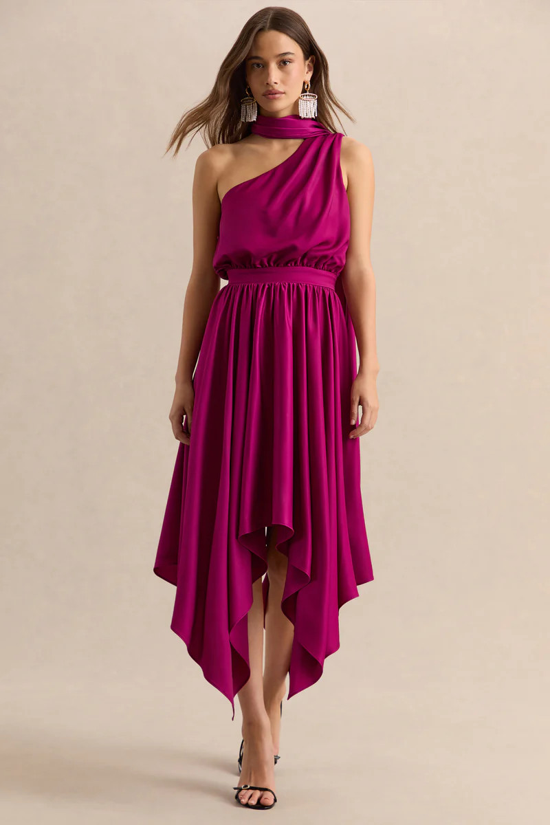 Caluna  Hot Pink Satin Asymmetric-Neck Midi Dress With Scarf-Detail | Club L London