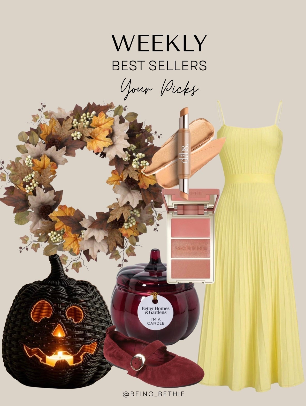 Weekly best sellers your picks! 

Wreath, make up, pumpkin, candle, dress, fall decor

#LTKSaleAlert #LTKSeasonal #LTKHome