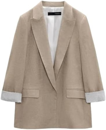 Women's Printed Sleeves Curly Linen Buttons Lapelless Open Collar Blazer Autumn | Amazon (US)