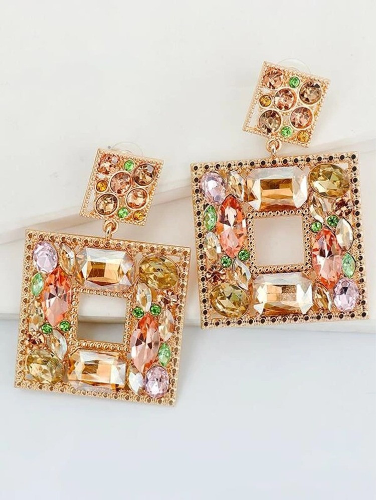 1pair Square & Geometric Shape Alloy & Rhinestone Earrings With Glass Stone, 2pcs | SHEIN
