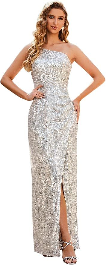 Ever-Pretty Women's Strapless One Shoulder Bodycon Floor Length Sequins Prom Evening Dresses with... | Amazon (UK)