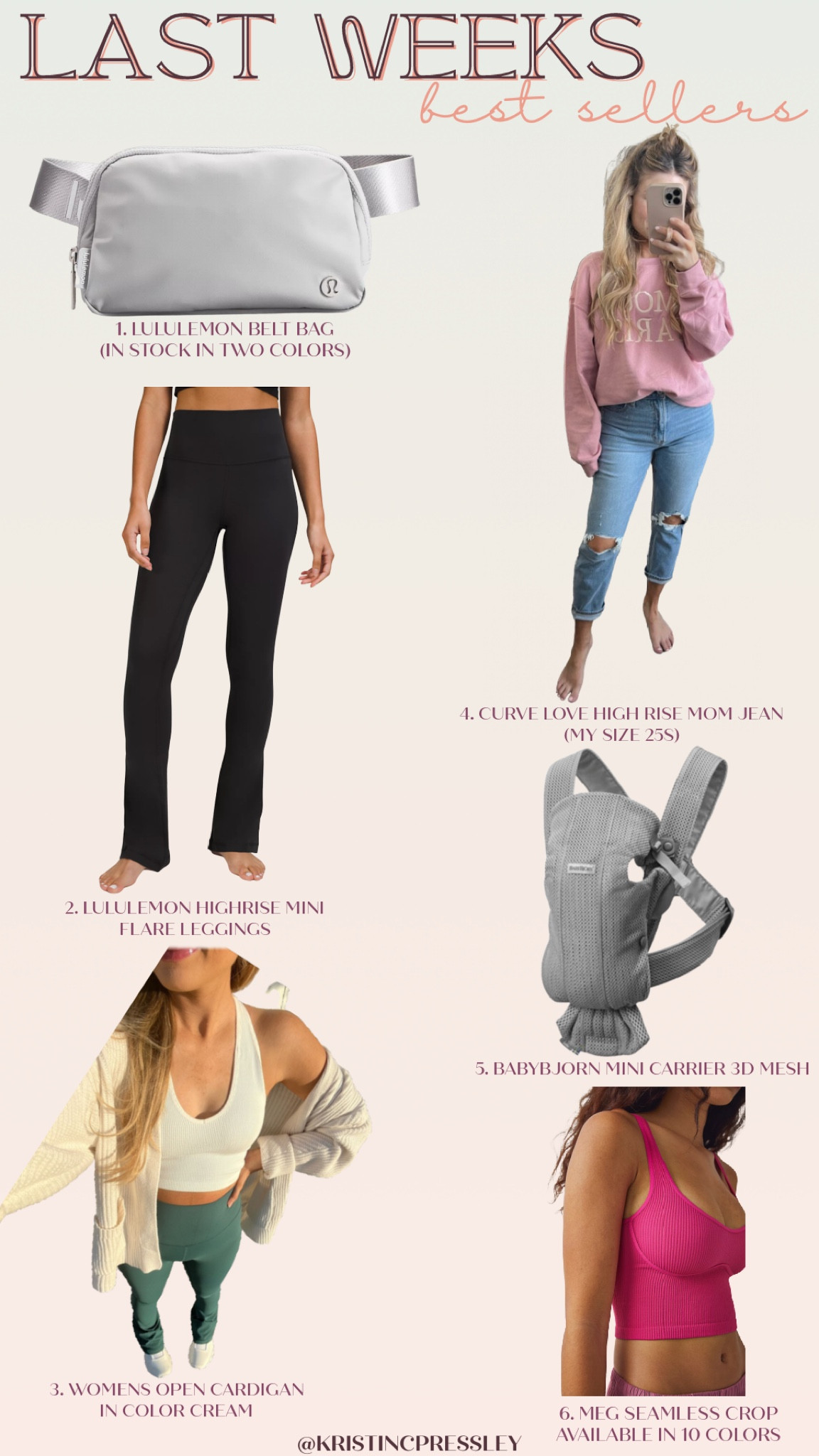 Last weeks bestsellers. Lululemon. Belt bag. Viral belt bag. Mini flare leggings. Mom Jeans.. Spring style. Cream cardigan. Open cardigan. Knit cardigan. Closet staple. Hot pink crop top. Baby carrier. Mom style. Spring style. Casual style.

#LTKstyletip #LTKbaby