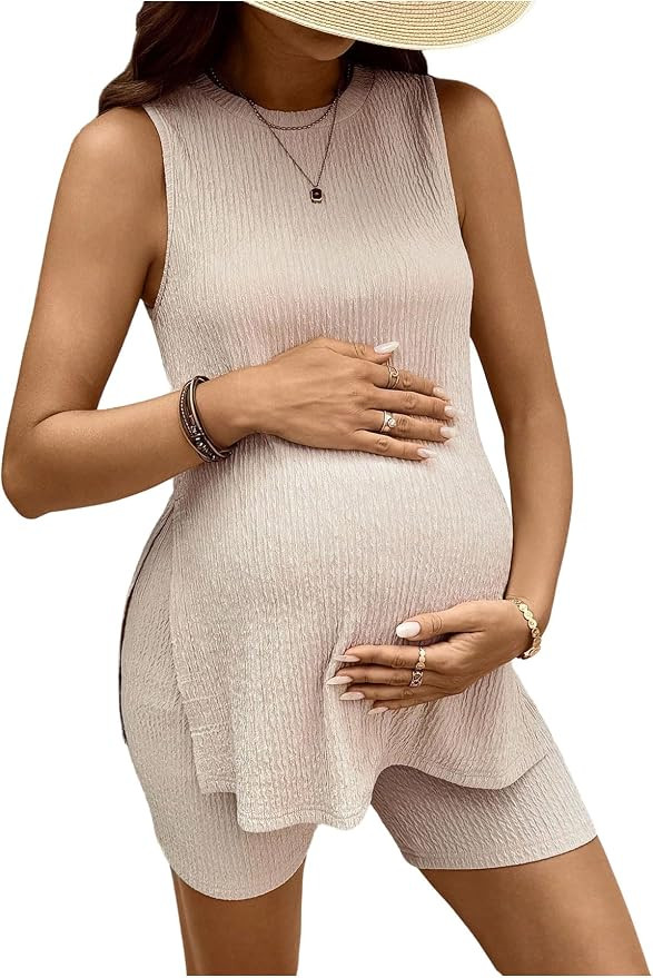 OYOANGLE Women's Two Piece Maternity Outfit Slit Hem Sleeveless Tank Top with Skinny Shorts Set | Amazon (US)