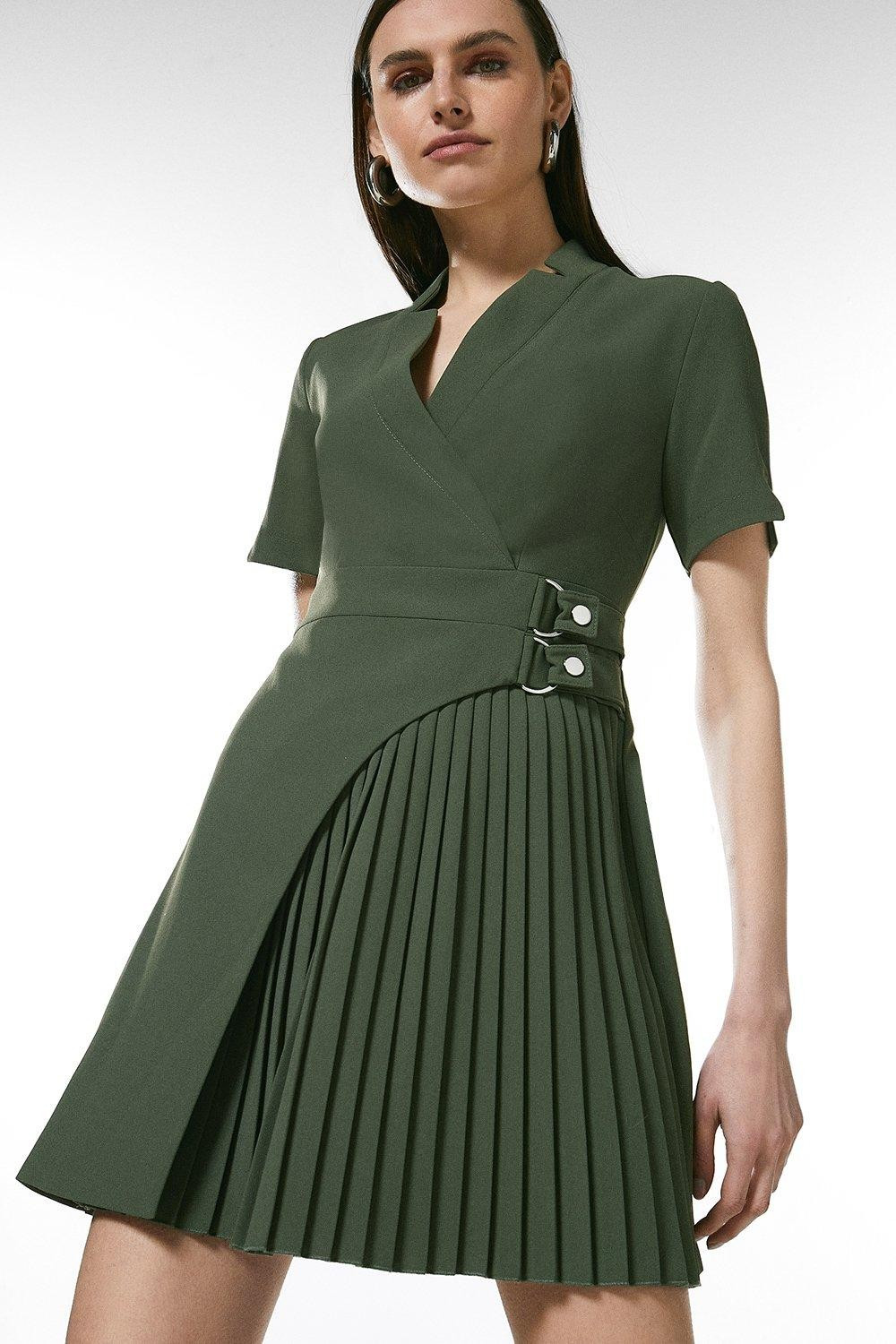Military Pleat Notch Neck Wrap Mini Dress | Karen Millen US