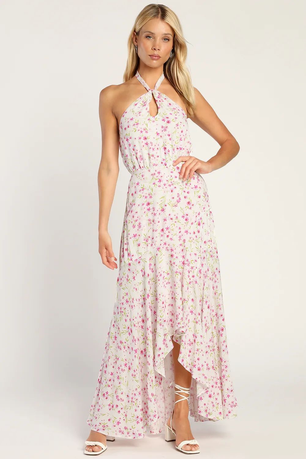 Moment of Romance Ivory Floral Print Halter High-Low Maxi Dress | Lulus (US)