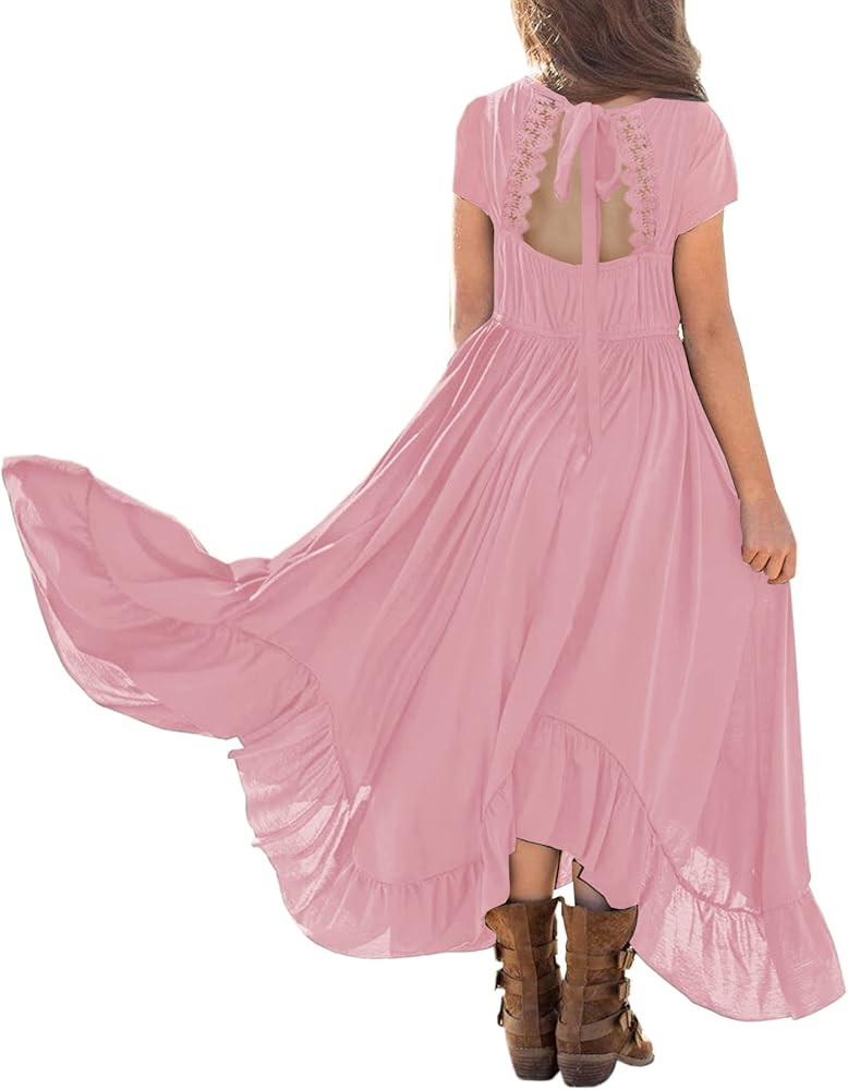 MITILLY Girls Boho Lace Flower Backless Crew Neck Long Sleeve Ruffle Swing Maxi Dress with Pocket... | Amazon (US)
