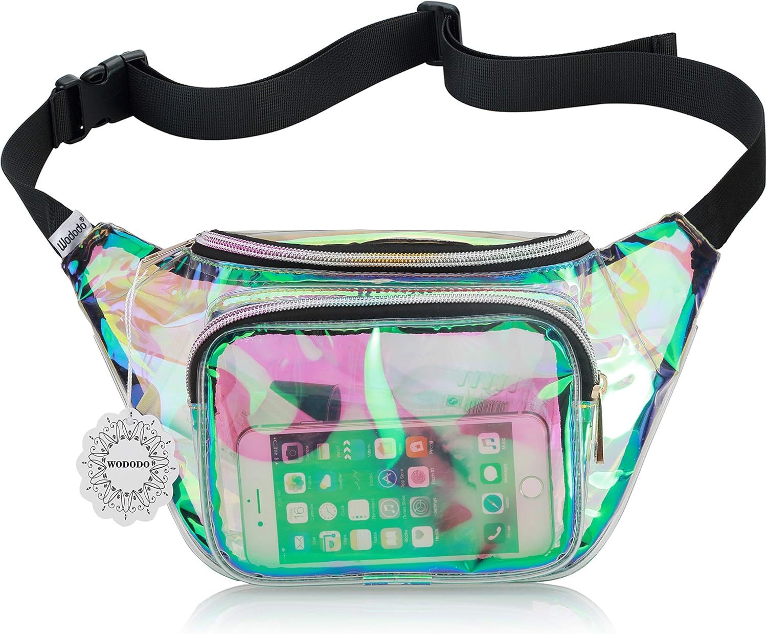 Shiny Neon Fanny Bag for Women Rave Festival Hologram Bum Travel Waist Pack (Clear Iridescent) | Amazon (US)