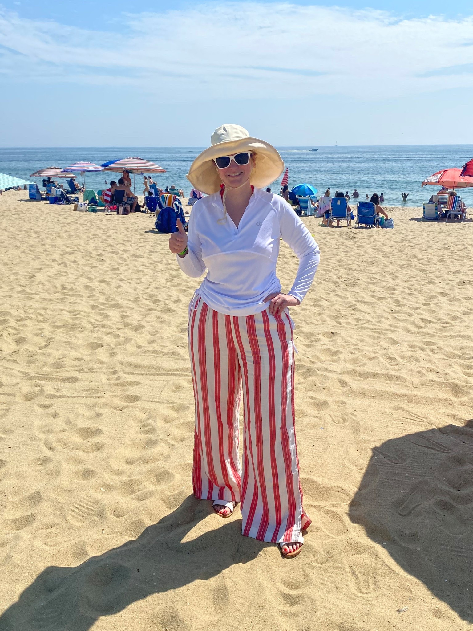 Rash guard- fit TTS
Striped gauze pants- went down 1 size in this specific pattern. Regular size in other colors 
Sun hat with ponytail hole 
Beach outfit with sun protection 