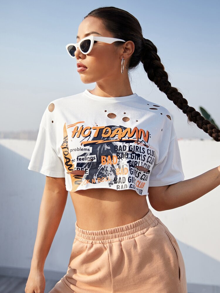 SHEIN Slogan Graphic Ripped Detail Super Crop Top | SHEIN