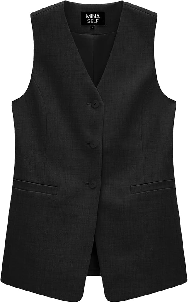 Mina Self 2026 Spring Women's Long Linen Vest Blazer Tops- Lightweight V-Neck Y2K Fully-Lined Fas... | Amazon (US)