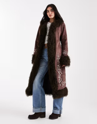 Daisy Street embroidered penny lane coat with faux fur trim in brown | ASOS | ASOS (Global)