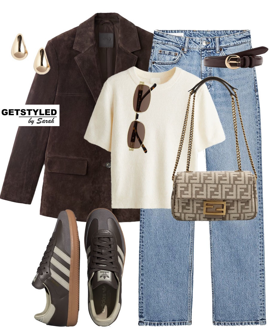 Suede blazer styling 🤎

#suede #blazer 
Suede blazer, jeans, adidas, Mary Jane, knit top, Fendi, spring fashion 

#LTKbag #LTKstyletip #LTKshoes