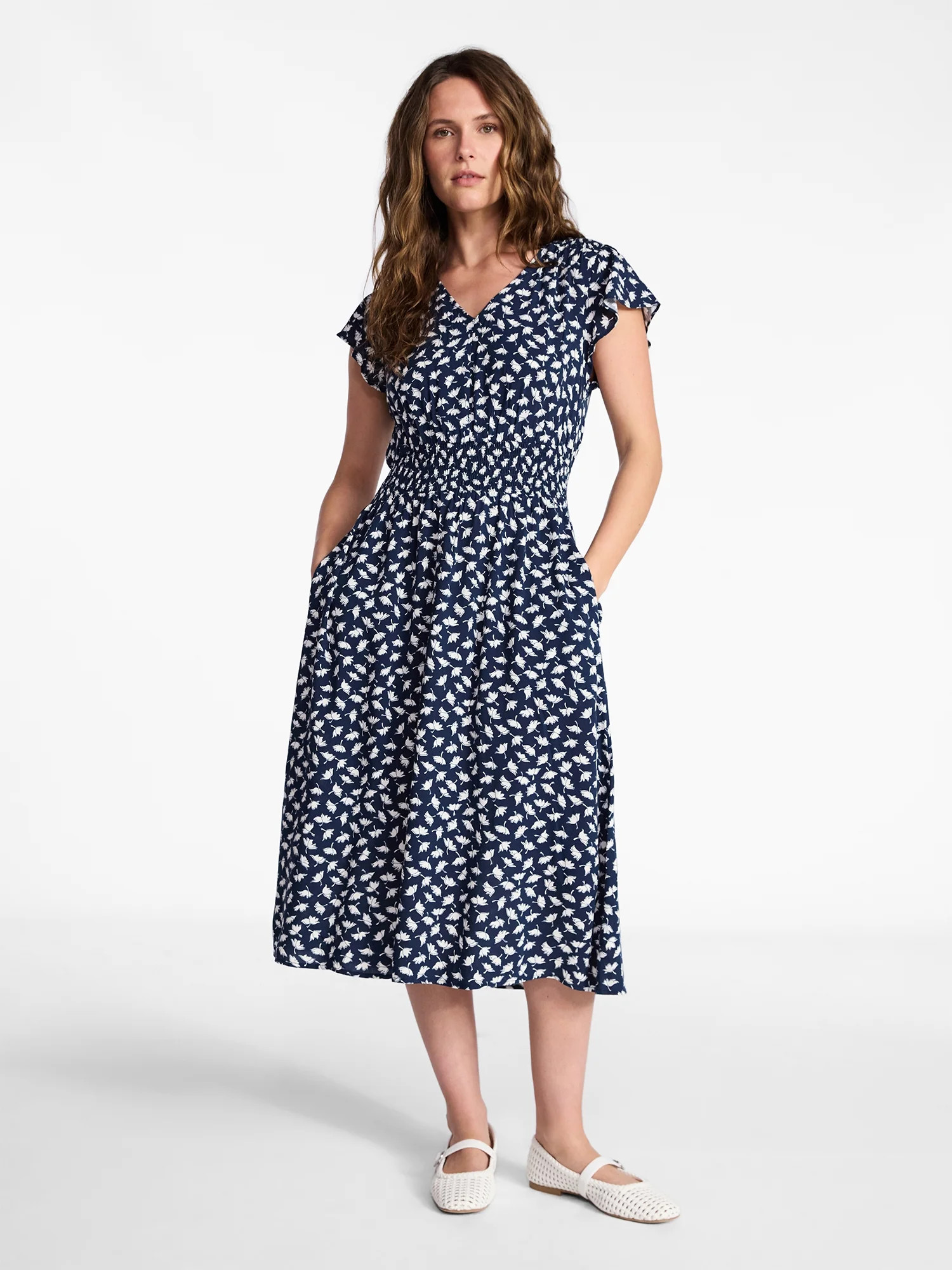 Time and Tru Women’s and Women’s Plus Smocked Waist Midi Dress with Flutter Sleeves, Sizes XS... | Walmart (US)