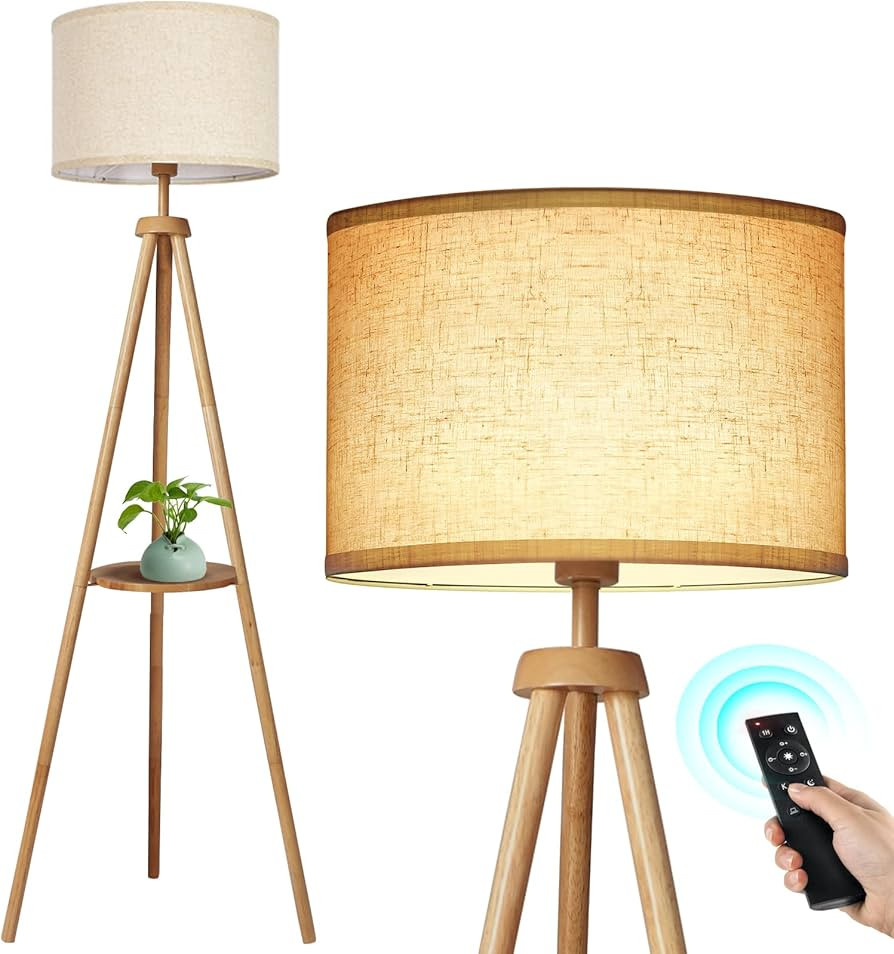 OUTON Tripod Floor Lamp Wood with Shelves, Mid Century LED Modern Dimmable Floor Lamp with Remote... | Amazon (CA)