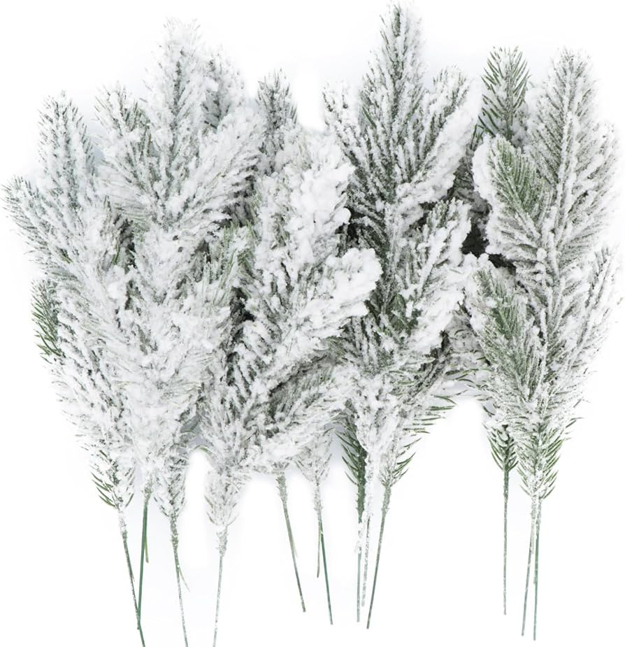 Amazon.com: 12Pcs Snowy Artificial Pine Needles Branches Twigs 10.6" Fake Frosted Pine Picks Gree... | Amazon (US)
