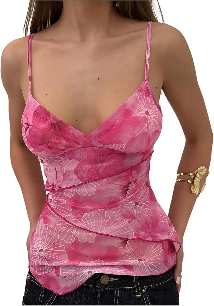 Milumia Women's Wrap Front V Neck Floral Mesh Cami Tank Tops Camisole Spaghetti Strap Going Out T... | Amazon (US)