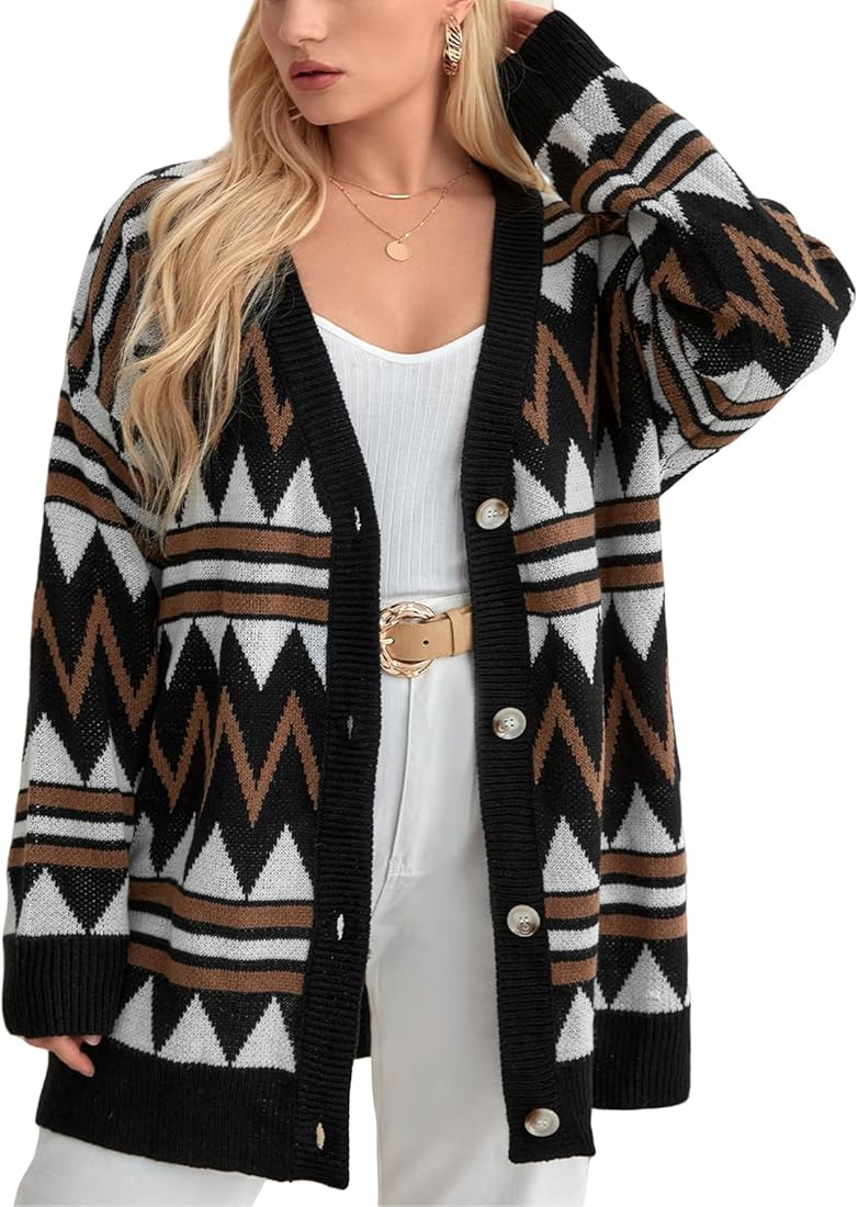 Women's Cardigan Knit Sweater Autumn and Winter Fashion Sweater Long Sleeve Color Collision Loose... | Amazon (US)