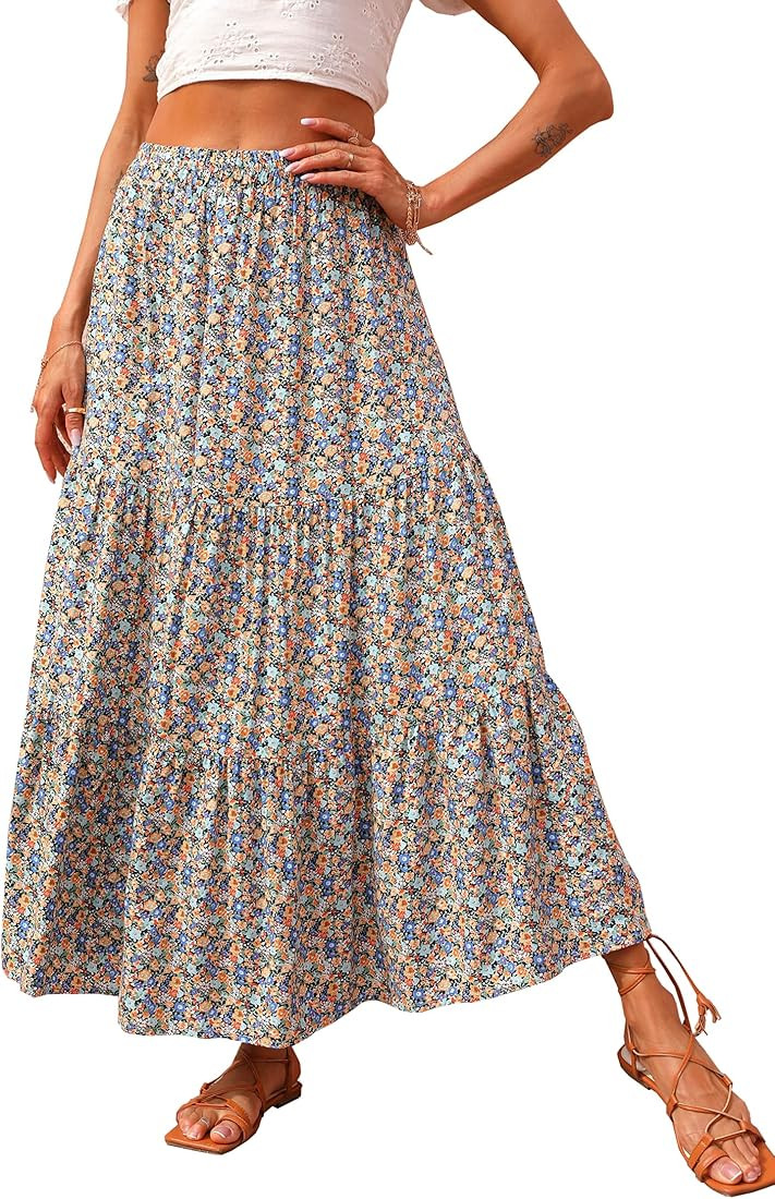 KIRUNDO 2023 Fall Women's High Waist Boho Floral Maxi Skirt Casual Flowy Swing Pleated A Line Bea... | Amazon (US)