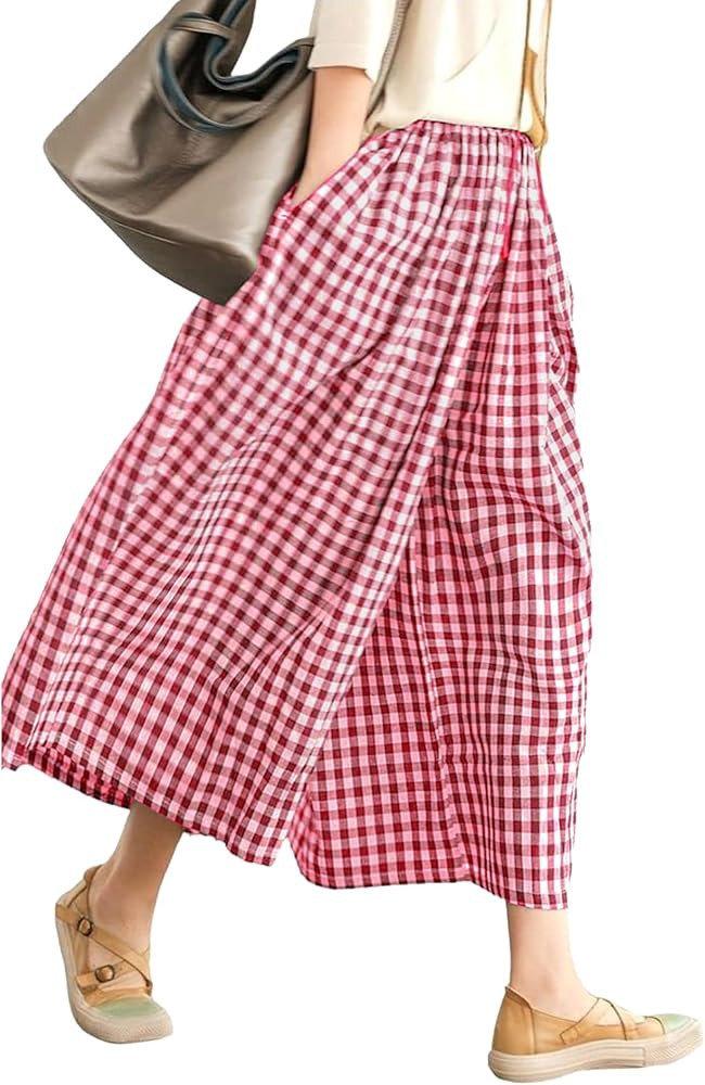 LOMON Womens Wide Leg Capri Pants Cotton Gingham Plaid Culottes Summer Elastic Waist Palazzo Trou... | Amazon (US)
