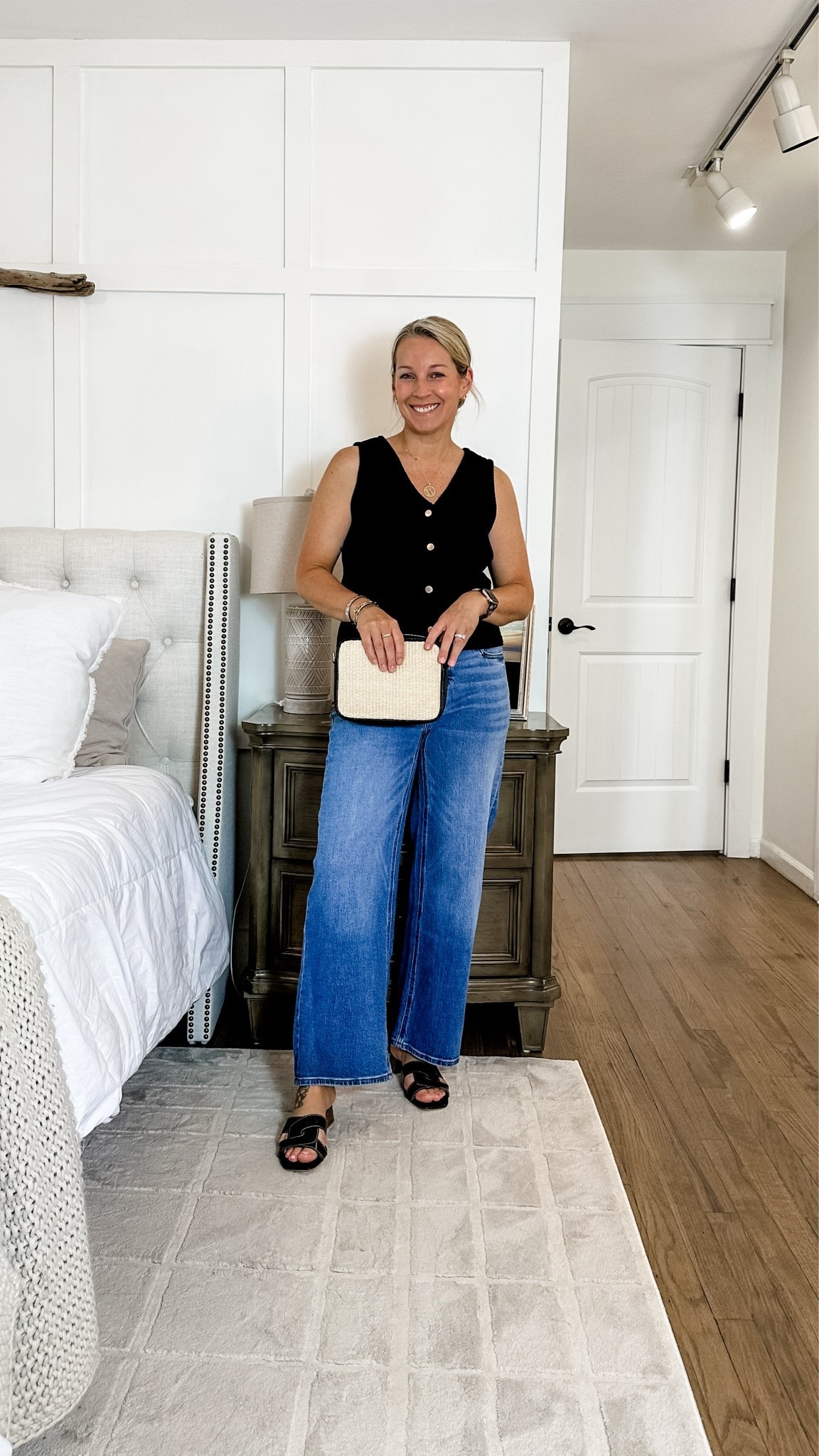 Medium vest, 29 jeans, 8 shoe. LOVE. 🖤 Old money vibes from @Quince  20/10 no notes. Rating on aesthetic, quality and comfortability. 🤌🏼
SIZING:
Mediums in everything except the white vest. That’s a small. 
Jeans are 29 regular. Approx a 28” inseam. Look super cute regular or cuffed. 

#quincepartner

#LTKootd #LTKMidsize #LTKPetite