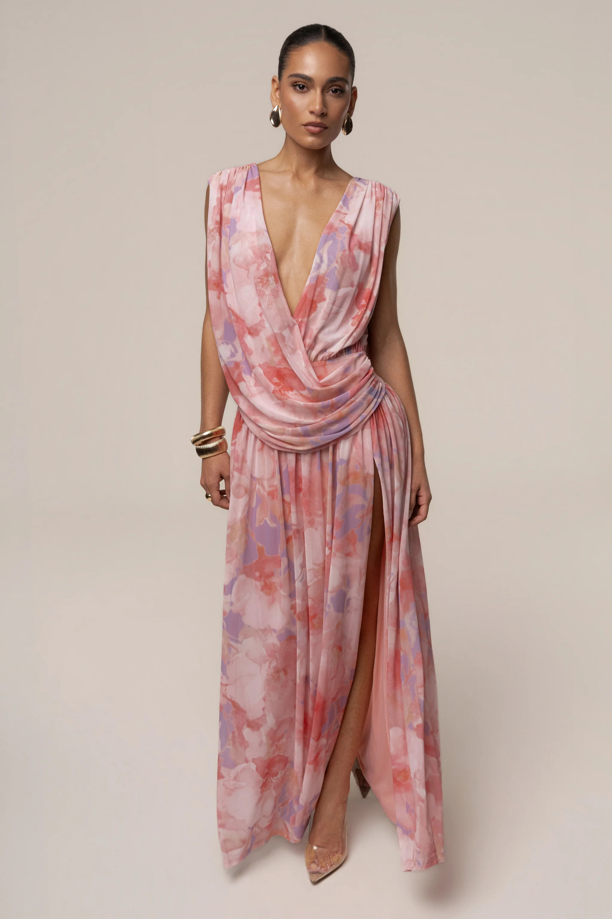Pink Bloom Evening Flow Draped Maxi Dress | JLUXLABEL US