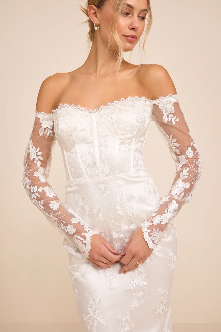 Lucina White Embroidered Bustier Long Sleeve Maxi Dress | bride to be outfits  | Lulus