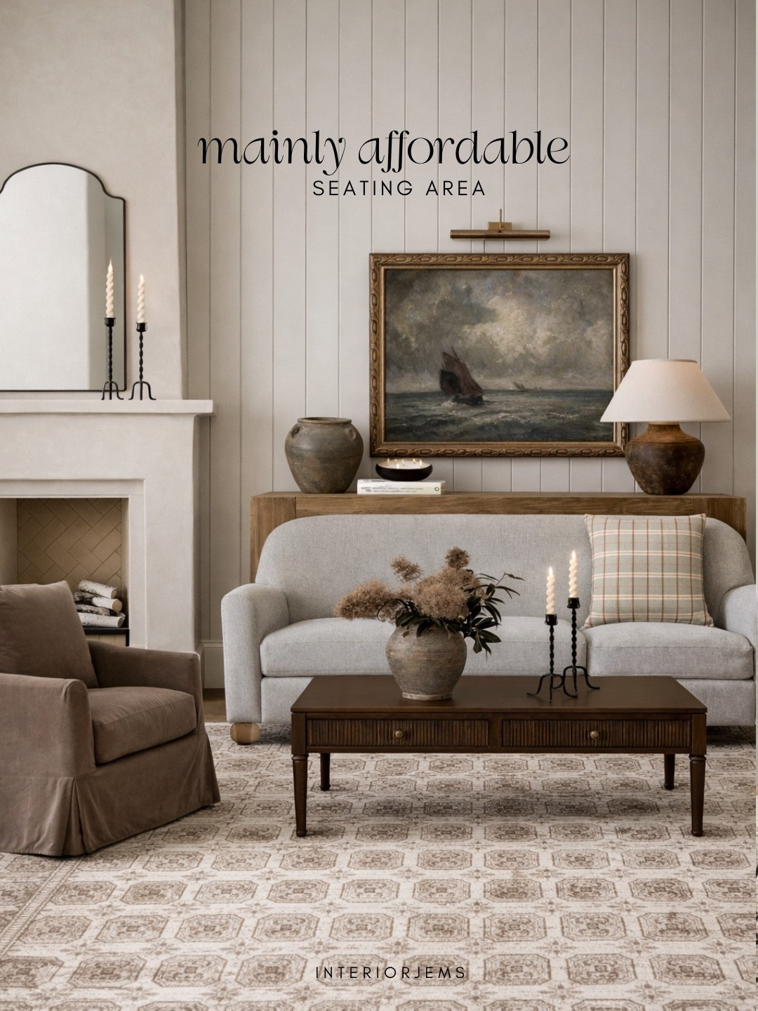 Mainly budget friendly living room, the sofa is under $500 love this coffee table for Martha Stewart, vase from Pottery Barn, designer lamp, which is my favorite. I would have an every room if I could moody Art from Etsy, one of my favorite black print rugs.

#LTKSaleAlert #LTKHome