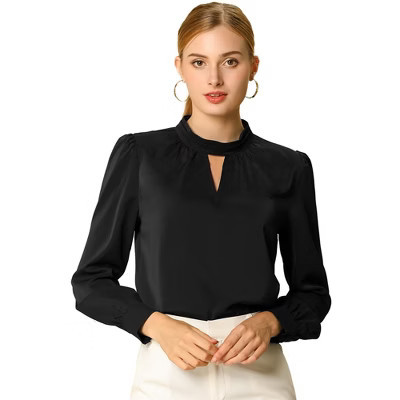 INSPIRE CHIC Women's Office Keyhole Elegant Stand Collar Long Sleeve Back Neck Button Blouse Small Black | Target