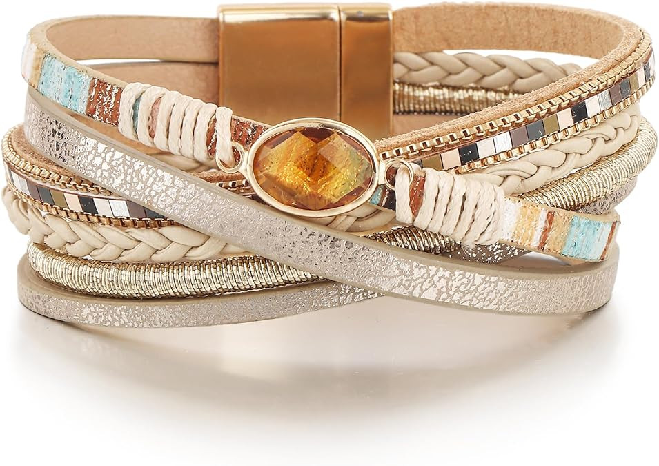 Edoneery Leather Wrap Bracelet for Women, Boho Handmade Multi-Layer Cuff with Crystal Beads Heart... | Amazon (US)