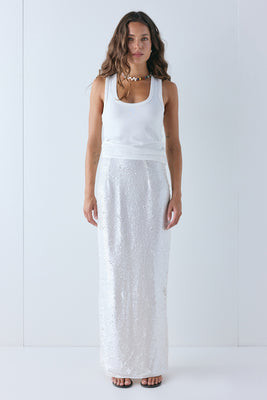 Devyn Sequin Midi Skirt Ivory | VRG Grl