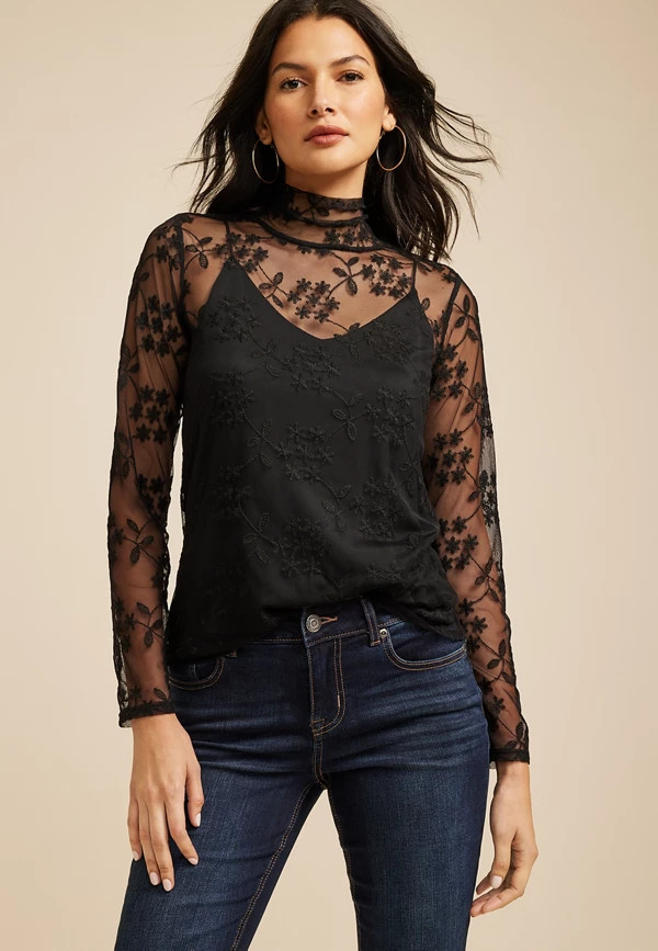 Floral Embroidered Mesh Mock Neck Top | Maurices