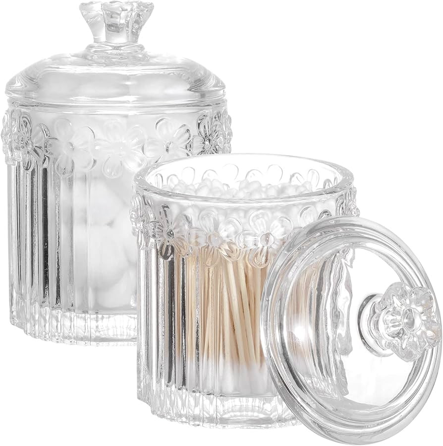 2 Pack Qtip Holder Glass Apothecary Jars with Lids Bathroom Accessories Vanity Organizers and Mak... | Amazon (US)