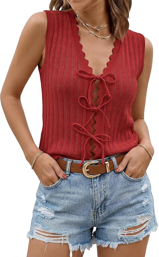 Tie Front Crochet Clothes V Neck Summer Tops Sweater Vest Ruffled Sleeveless Hollow Knit Beach Va... | Amazon (US)