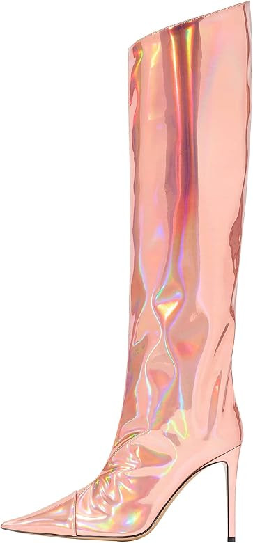 Women's Knee High Boots Sexy Pointed Toe Stiletto Heel Boot Metallic Leather Zipper Booties Dress... | Amazon (US)