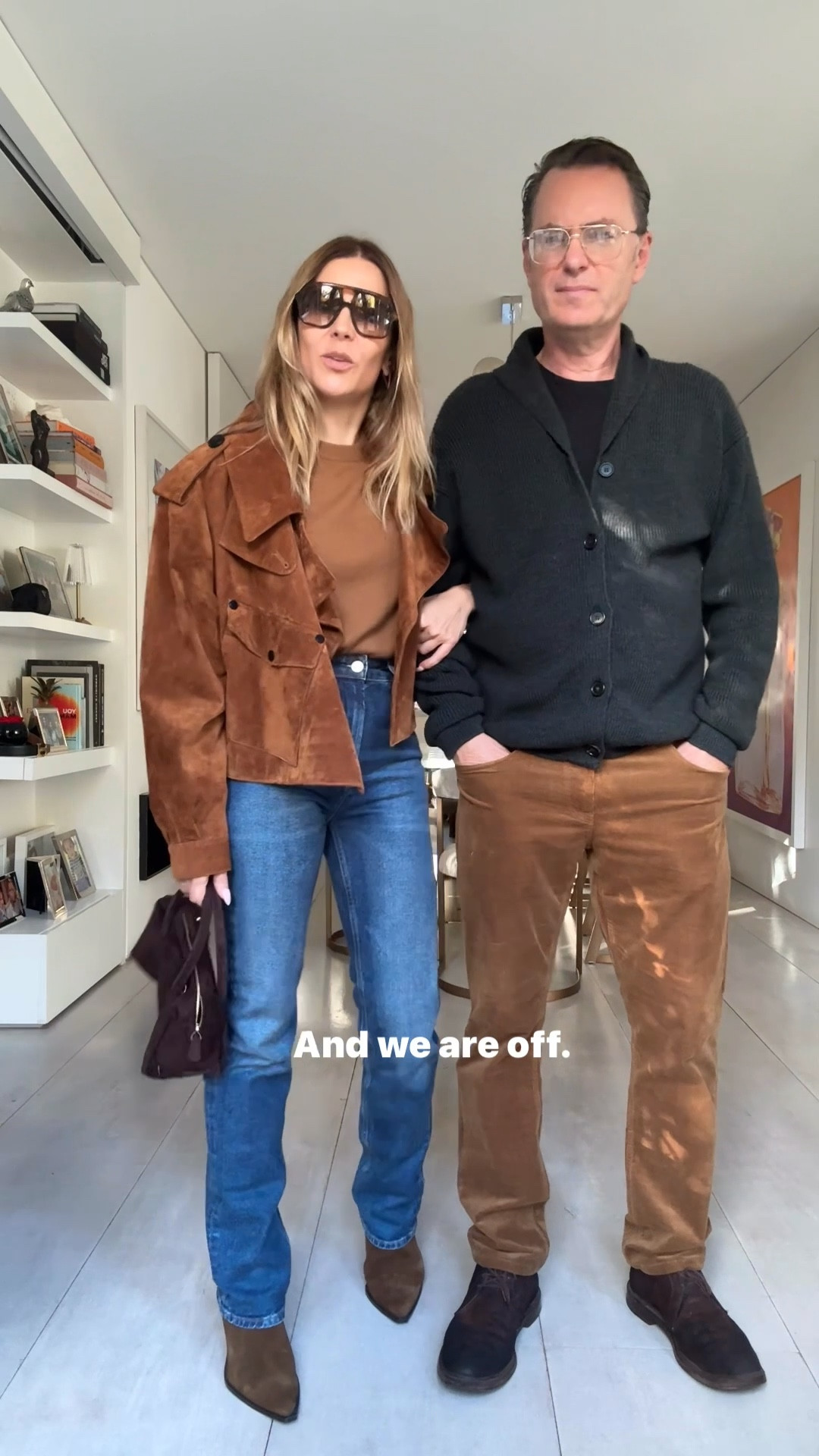 My jacket is DeSavaray is size Medium, I think it only comes in leather now. Have tagged the same style in leather from the brand in brown and tan and other suede jackets in this caramel brown. I live in my W Cashmere short sleeve shirts (size Small)  and also the orange Zara one I linked here is great - it comes in several colors if you click on it. 

This brown suede bag I have been using the last couple weeks is great and feels like the Row. 